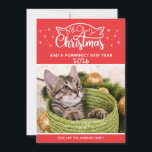 Carte Meowy Christmas and a purrfect new year photo card<br><div class="desc">Ajoutez une touche amusante à vos salutations de saison avec cette carte de voeux adorable et personnalisable. La légende dit "Noël de la bière et une nouvelle année parfaite" en lettres modernes blanches décorées d'oreilles de chat et de flocons de neige.</div>