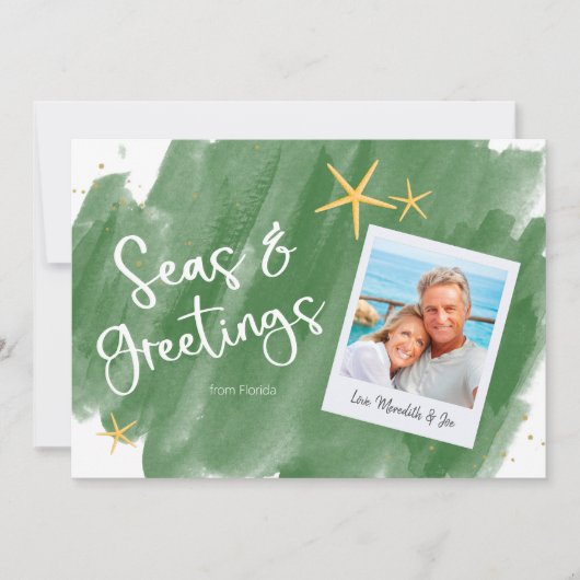 Carte Mer & Salutations Vert & Or Aquarelle Vacances (Devant)