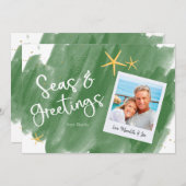 Carte Mer & Salutations Vert & Or Aquarelle Vacances (Devant / Derrière)