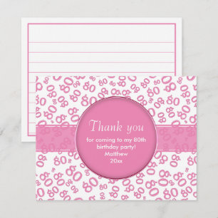 Carte Merci : 80e Motif du numéro d'Anniversaire rose/bl