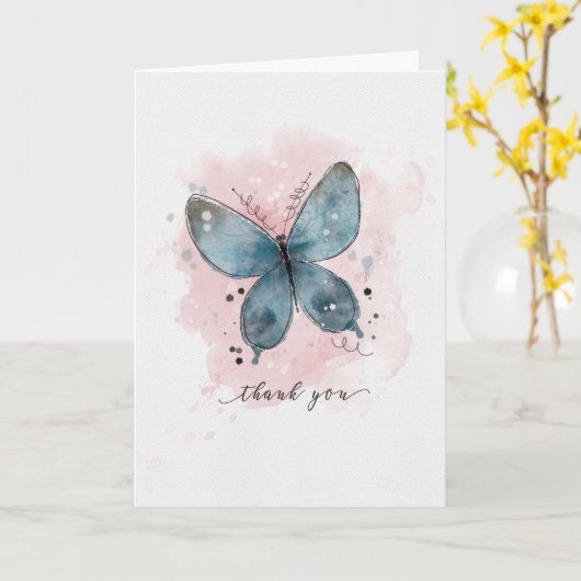 Carte Merci Aquarelle Bleu Papillon (Fleur jaune)