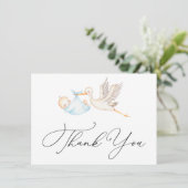 Carte Merci Baby shower de la cigogne bleue (Debout devant)