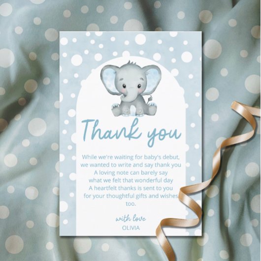 Carte Merci bleu Baby shower Eléphant mignon