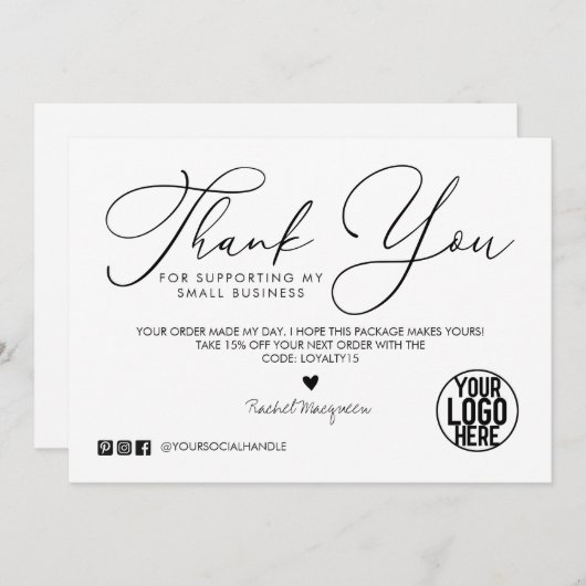 Carte Merci client de script noir blanc minimal (Devant / Derrière)