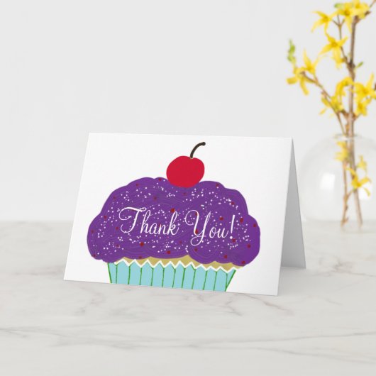Carte Merci d'anniversaire Cupcake violet (Fleur jaune)