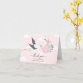 Carte Merci de Baby shower de cigogne rose (Fleur jaune)