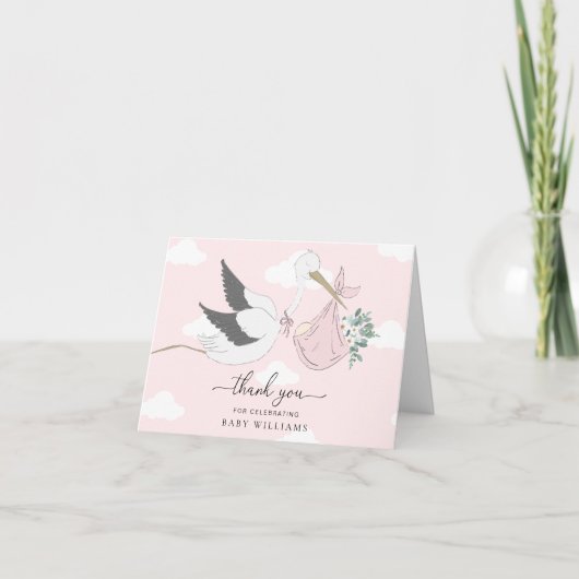 Carte Merci de Baby shower de cigogne rose (Devant)