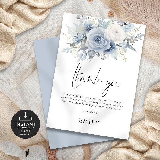 Carte Merci de Baby shower Dusty Blue Florals