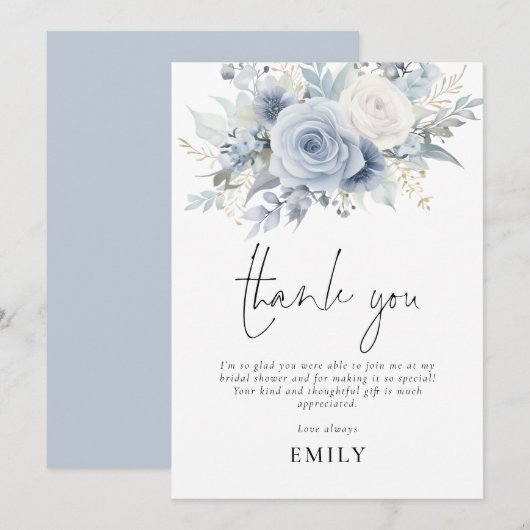 Carte Merci de Fête des mariées Dusty Blue Florals (Devant / Derrière)