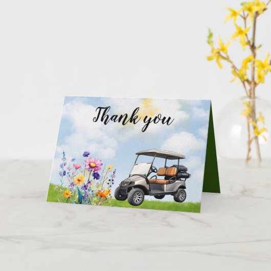 Carte Merci de golf avec voiturette de golf et fleurs (Fleur jaune)