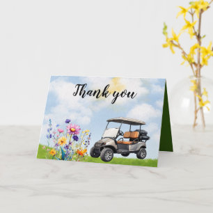 Carte Merci de golf avec voiturette de golf et fleurs