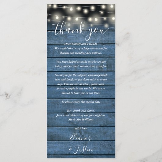 Carte Merci de la réception de mariage bleu rustiq (Devant)