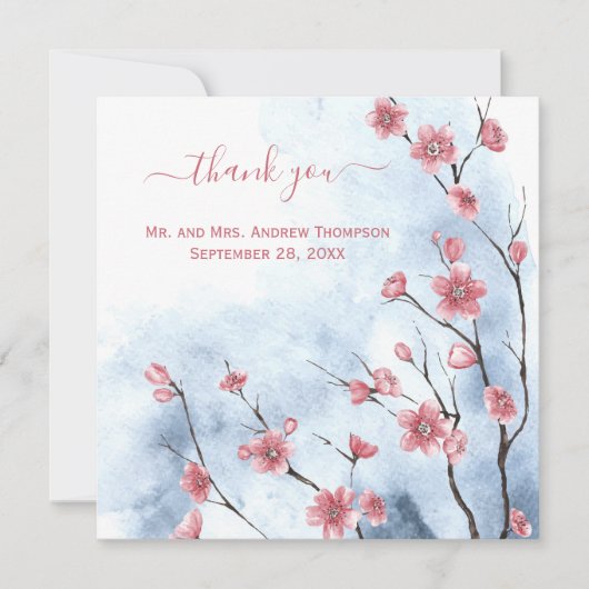 Carte Merci de Mariage bleu rose personnalisé (Devant)