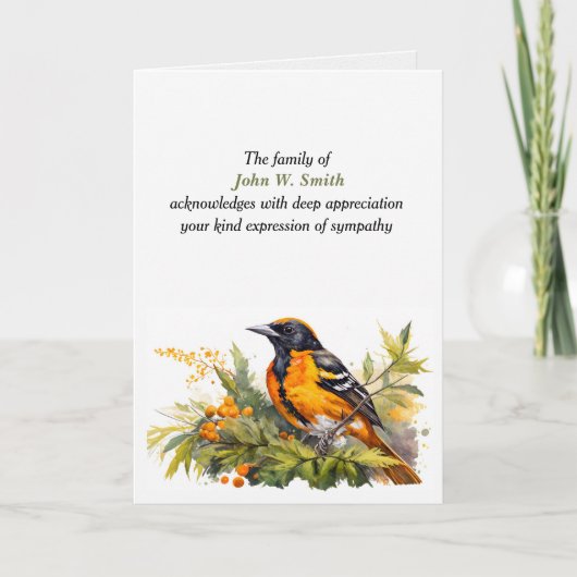 Carte Merci de sympathie de Baltimore Oriole de la famil (Devant)