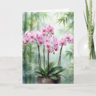 Carte Merci Fleurs D'orchidées Roses Sur Bambou Vert