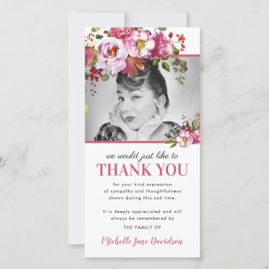 Carte Merci funéraire rose floral (Devant)