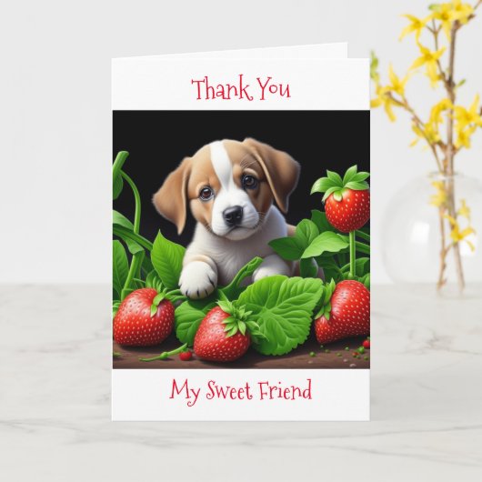 Carte Merci, mon ami | Chiot dans les fraises (Fleur jaune)