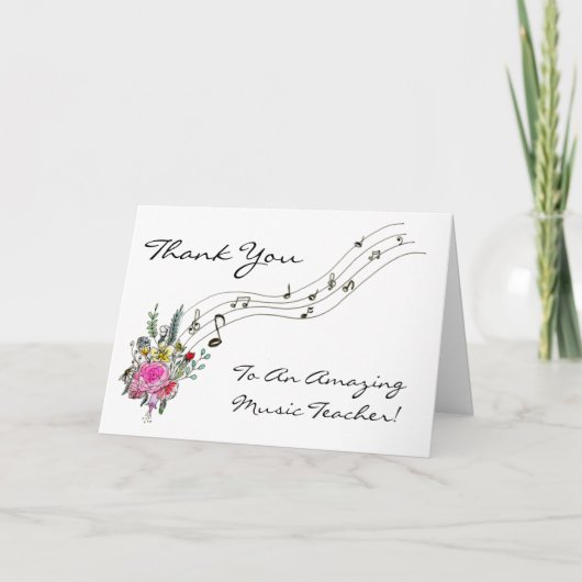 Carte Merci Professeur de musique, Fleurs et notes music (Devant)