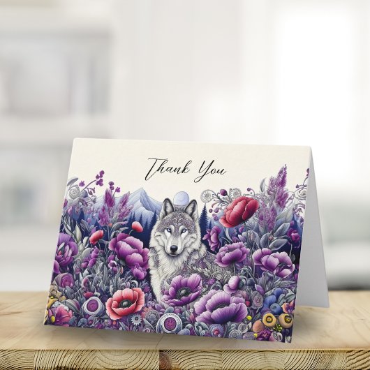 Carte Merci Wolf Art folklorique avec des pavots
