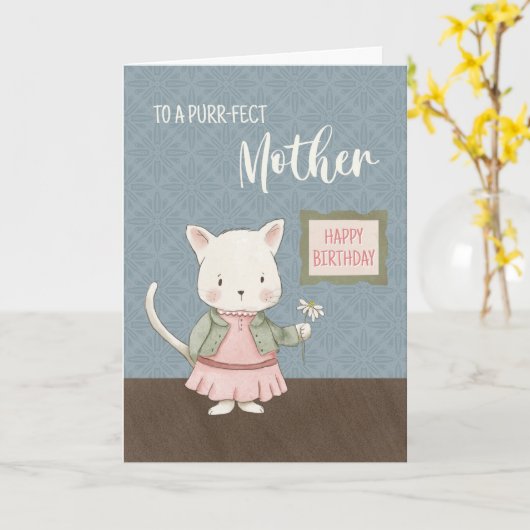 Carte Mère Anniversaire Kitty dans une robe Tenue de fle (Fleur jaune)