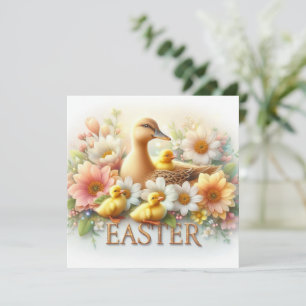 Carte Mère cane de Pâques avec canetons et fleurs printa