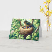 Carte Mère Oiseau avec des jeunes dans le nid (Fleur jaune)