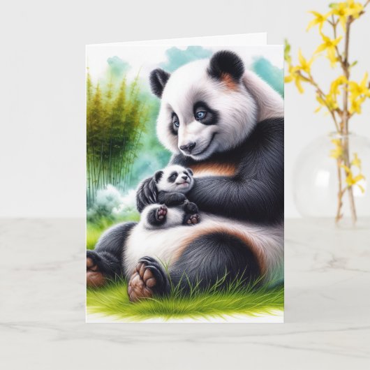 Carte Mère Panda Ours Avec Son Petit (Fleur jaune)