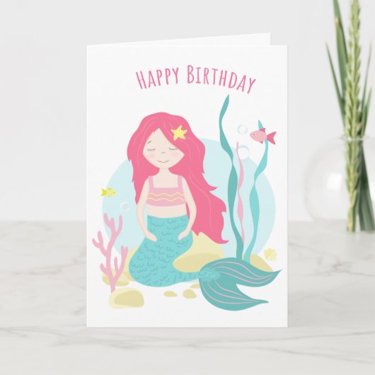 Carte Mermaid adorable rose et menthe Anniversaire po (Devant)