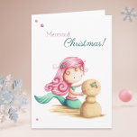 Carte Mermaid Christmas Summer Beach<br><div class="desc">Carte de Noël mignonne et unique pour les amateurs de sirènes. Le sentiment dit "Fête de la Sirène !" bien que vous puissiez la personnaliser si vous le souhaitez. L'image représente une petite sirène aux cheveux roses et à la queue verte faisant un "bonhomme de neige" avec du sable, un...</div>