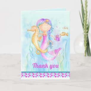 Carte Mermaid et seahorse whimsy aquarelle merci