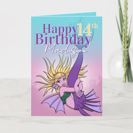 Carte Mermaid mignonne violet caricature fille 14e anniv (Devant)