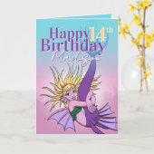 Carte Mermaid mignonne violet caricature fille 14e anniv (Fleur jaune)