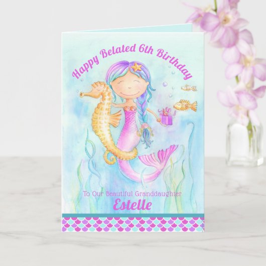 Carte Mermaid seahorse whimsy retard anniversaire (Orchidée)