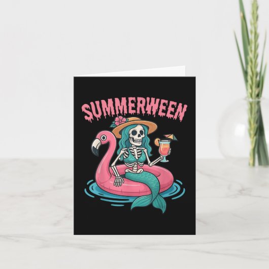 Carte Mermaid squelette de plage flamant rose Summerween (Devant)
