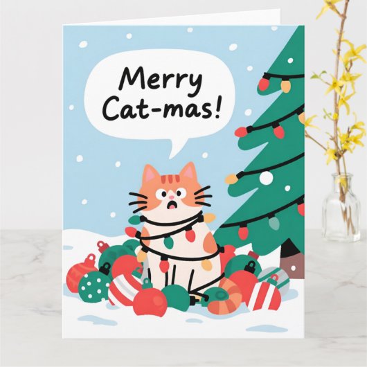 Carte Merry Cat-Mas Cute Funny Cat Christmas (Fleur jaune)