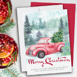 Carte Merry Christmas Misty Forest et Vintage Red Truck<br><div class="desc">Joyeuse carte de Noël avec calligraphie festive. Design traditionnel attrayant avec forêt d'aquarelle brumeuse,  camion rouge vintage,  arbre de noël avec lumières à cordes et une pile de cadeaux.Le modèle est prêt pour vous d'ajouter votre salutation personnalisée.</div>