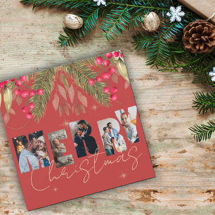 Carte Merry Christmas Multi Photo Red Gold Holiday Card