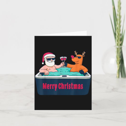 Carte Merry Christmas Santa Reindeer Hot Tub Spa Wine (Devant)