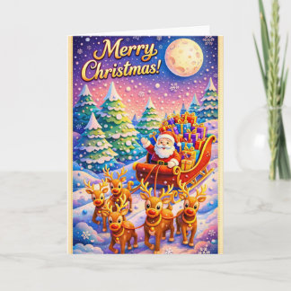 Carte Merry Christmas Santa Sleigh and Reindeer Winter