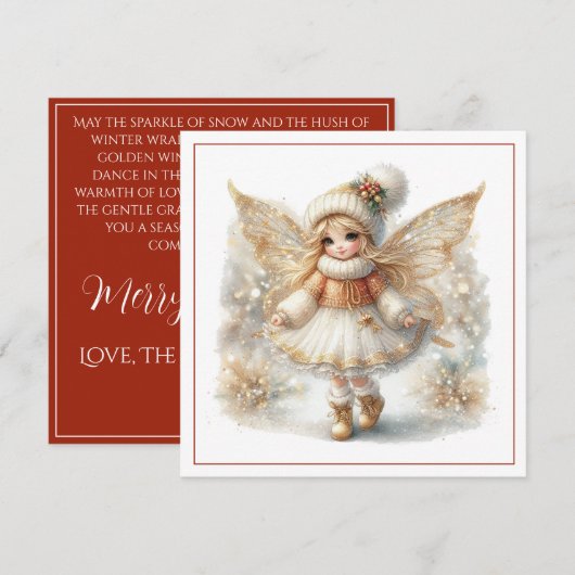Carte Merry Christmas – Winter Fairy with Golden Wings & (Devant / Derrière)