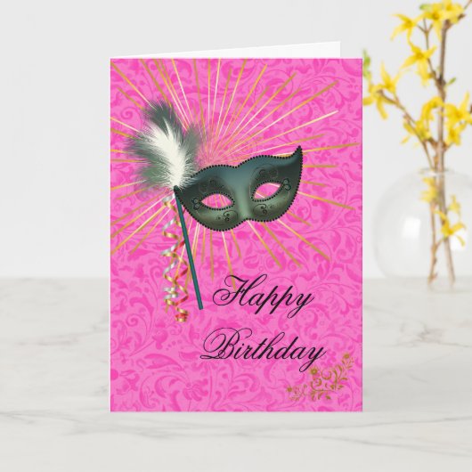 Carte Merveilleuse Mascarade rose chaud heureux annivers (Fleur jaune)