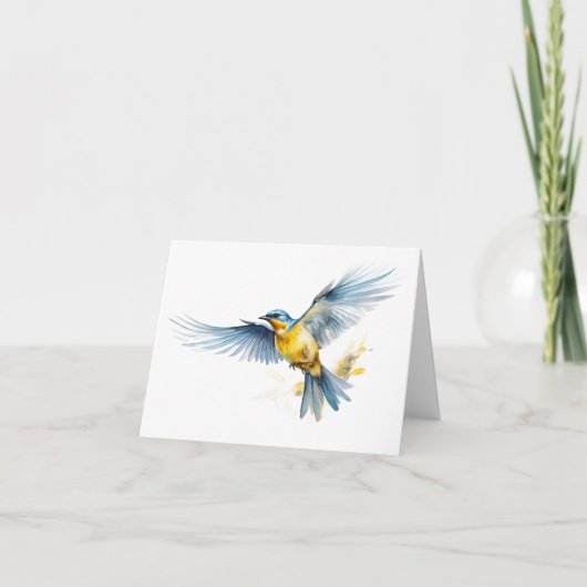Carte Merveilleux Oiseau bleu et jaune volant BLANC (Devant)