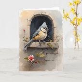 Carte Mésange à tête noire se reposant sur un rebord de  (Fleur jaune)