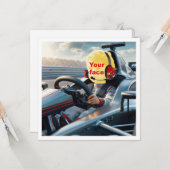 Carte Mettez mon visage dans l'image, voiture de course (Devant/Arrière en situation)