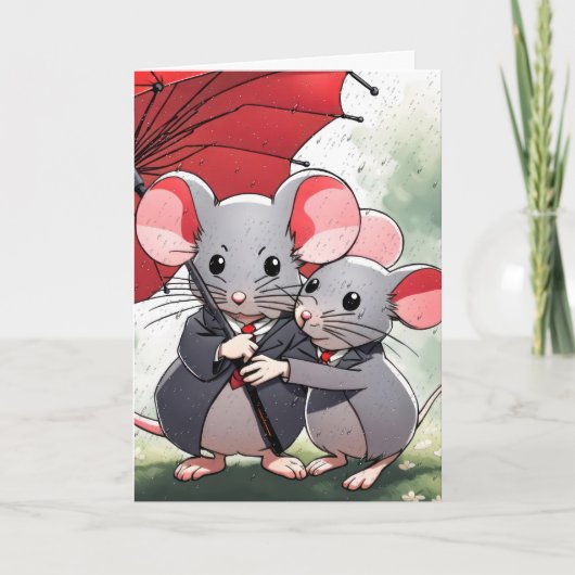 Carte Mice sous un parapluie rouge (Devant)