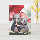 Carte Mice sous un parapluie rouge (Fleur jaune)