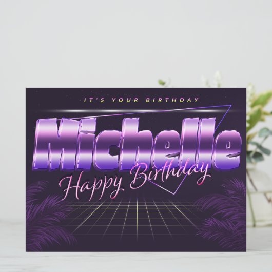 Carte Michelle Prénom lila retro Date de naissance (Debout devant)