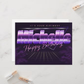 Carte Michelle Prénom lila retro Date de naissance (Devant/Arrière en situation)