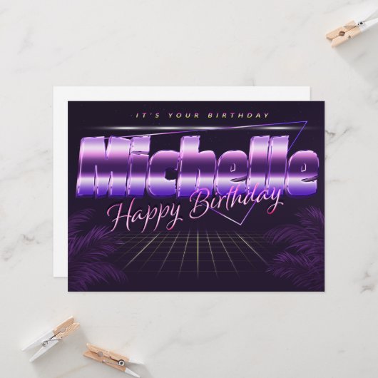 Carte Michelle Prénom lila retro Date de naissance (Devant/Arrière en situation)