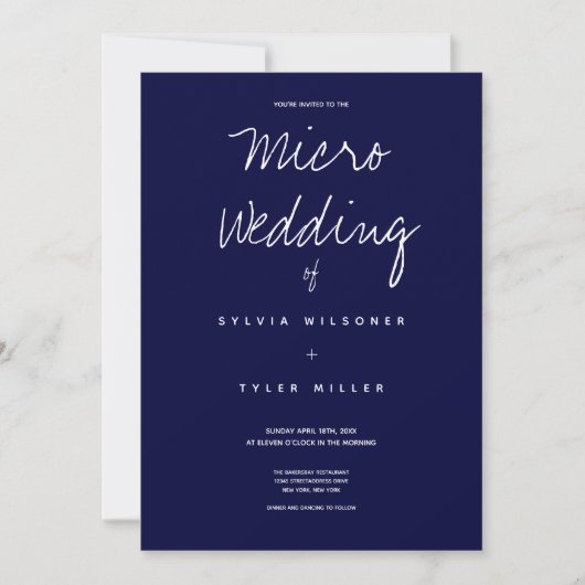 Carte Micro Mariage Bleu foncé Typographie Minimale (Devant)